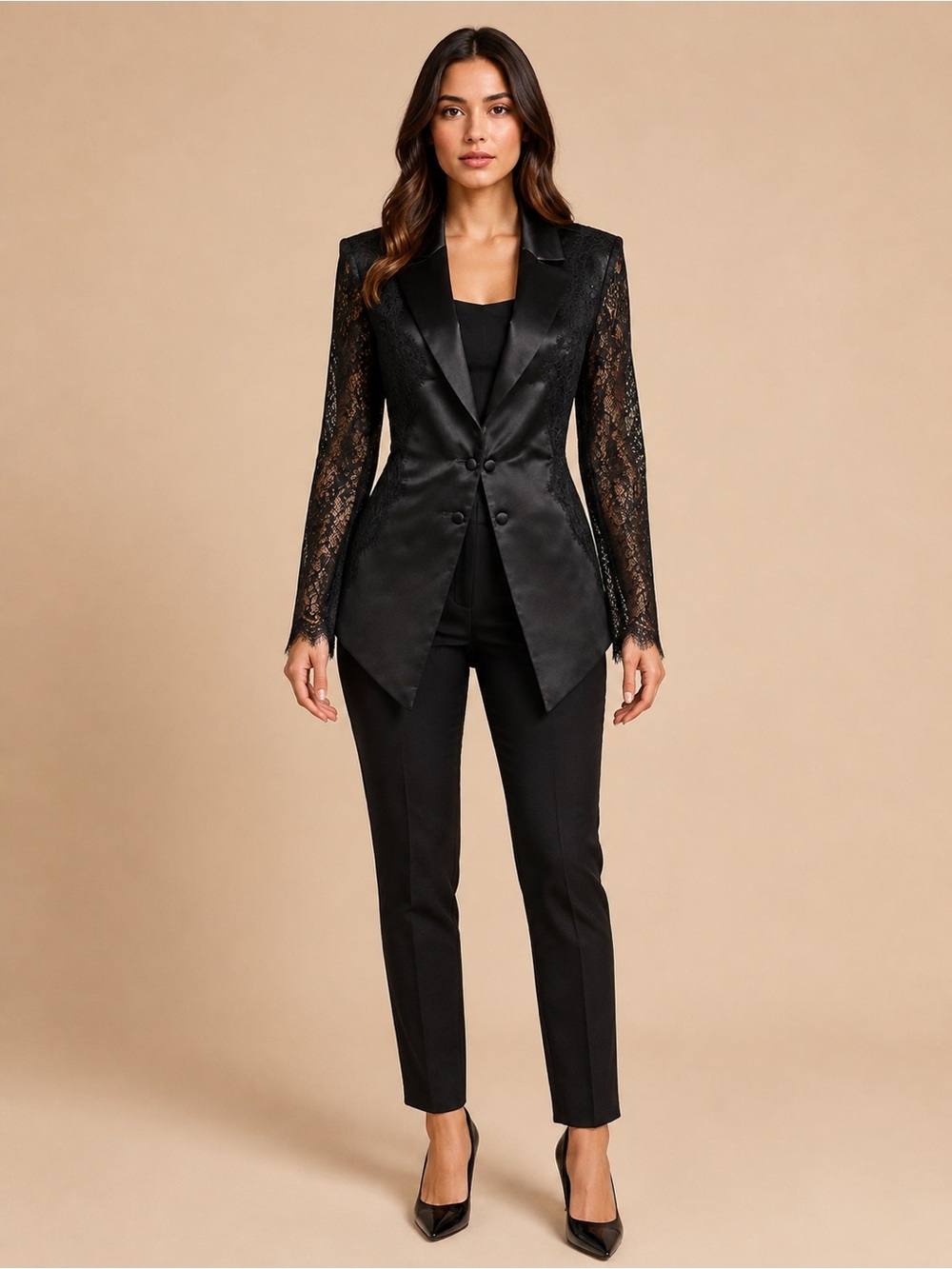 Au Contraire Black Satin Lace Blazer Size Large
